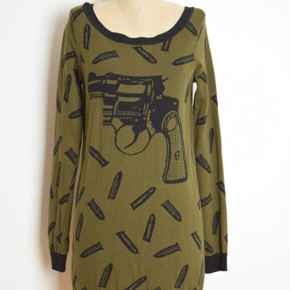 vintage Y2K dress Betsey Johnson green GUNS pistol sweater mini dress M L - Picture 3 of 10